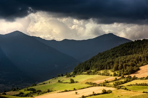 Valle de montaña con bosque y grandes nubes