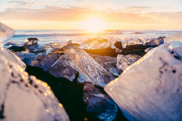 Glacier lagoon in the light of the setting sun