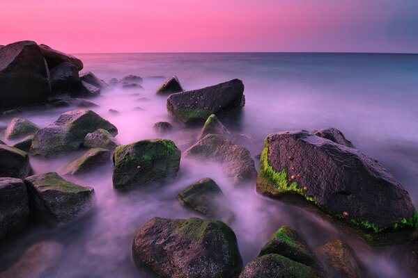 Mer avec des pierres sur fond de coucher de soleil rose