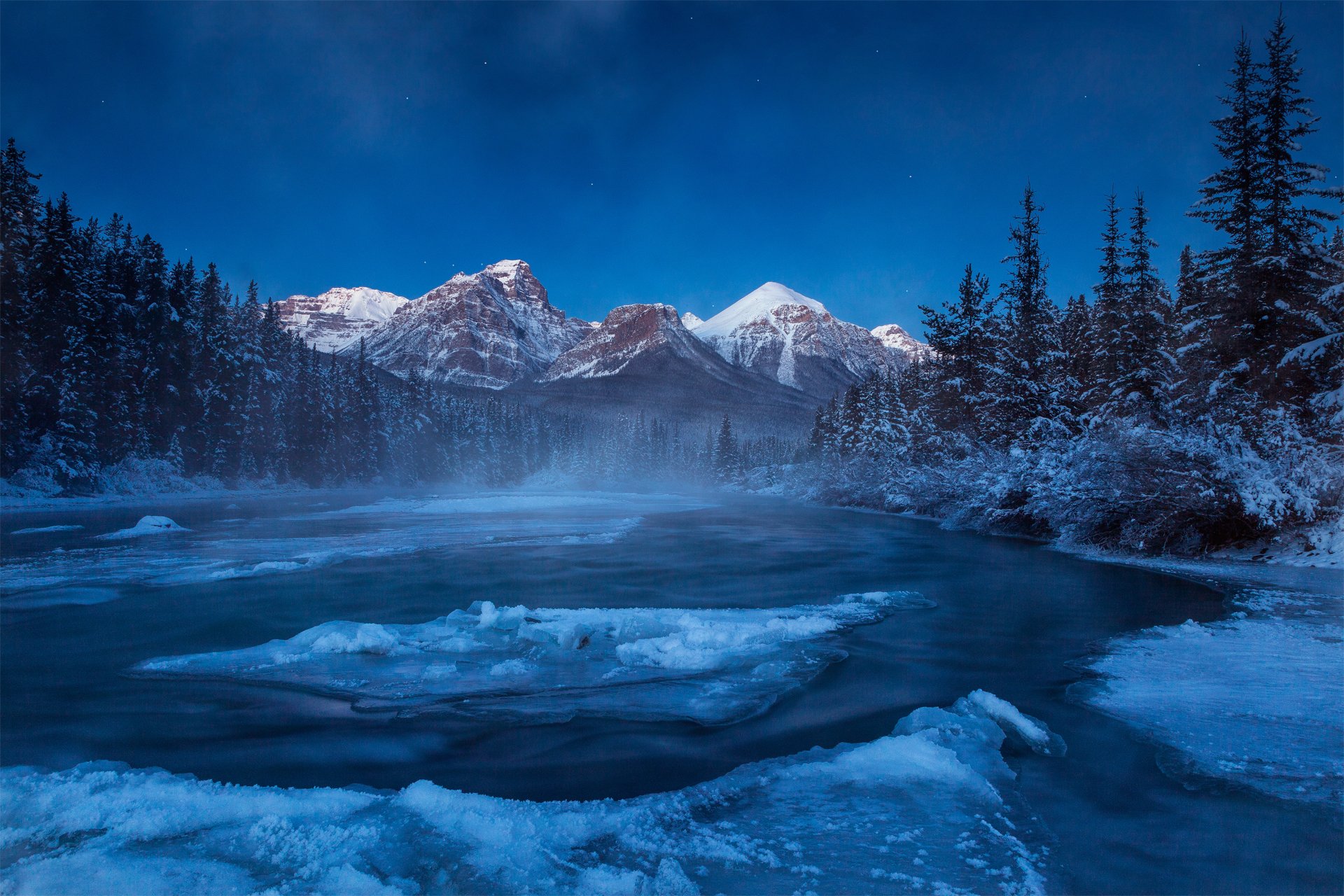 canadá alberta montañas bosque río invierno nieve noche