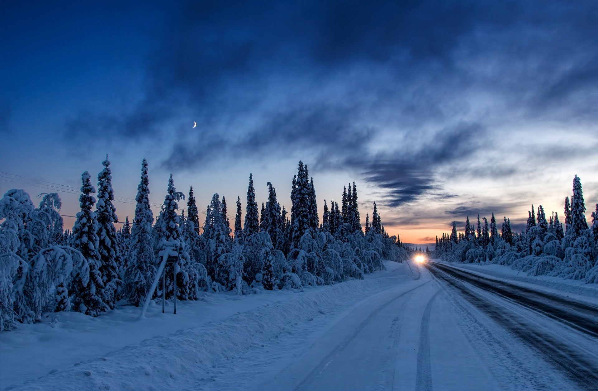 night sunset winter road forest snow machine light