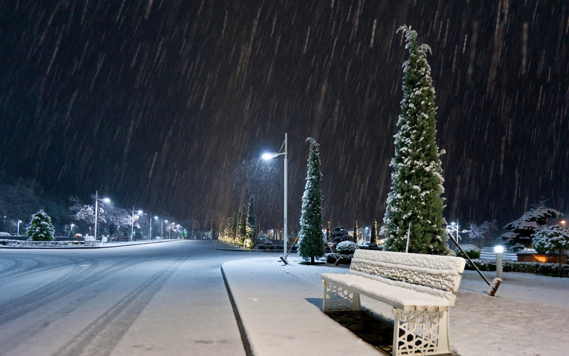 night city sky snow light lights lantern street trees bench