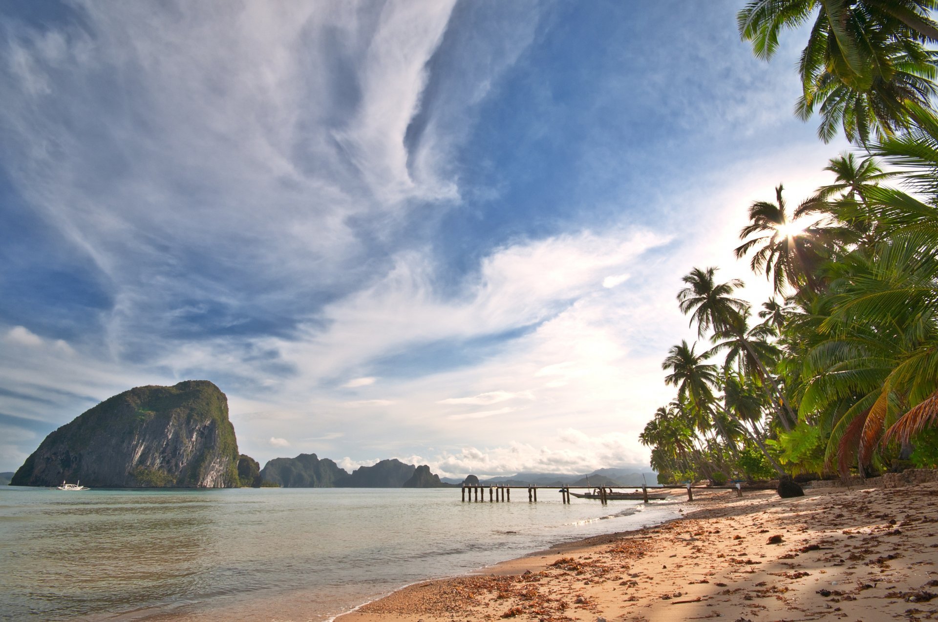 tropical beach palm trees ocean sea island sand shore sky clouds nature landscape tropical beach