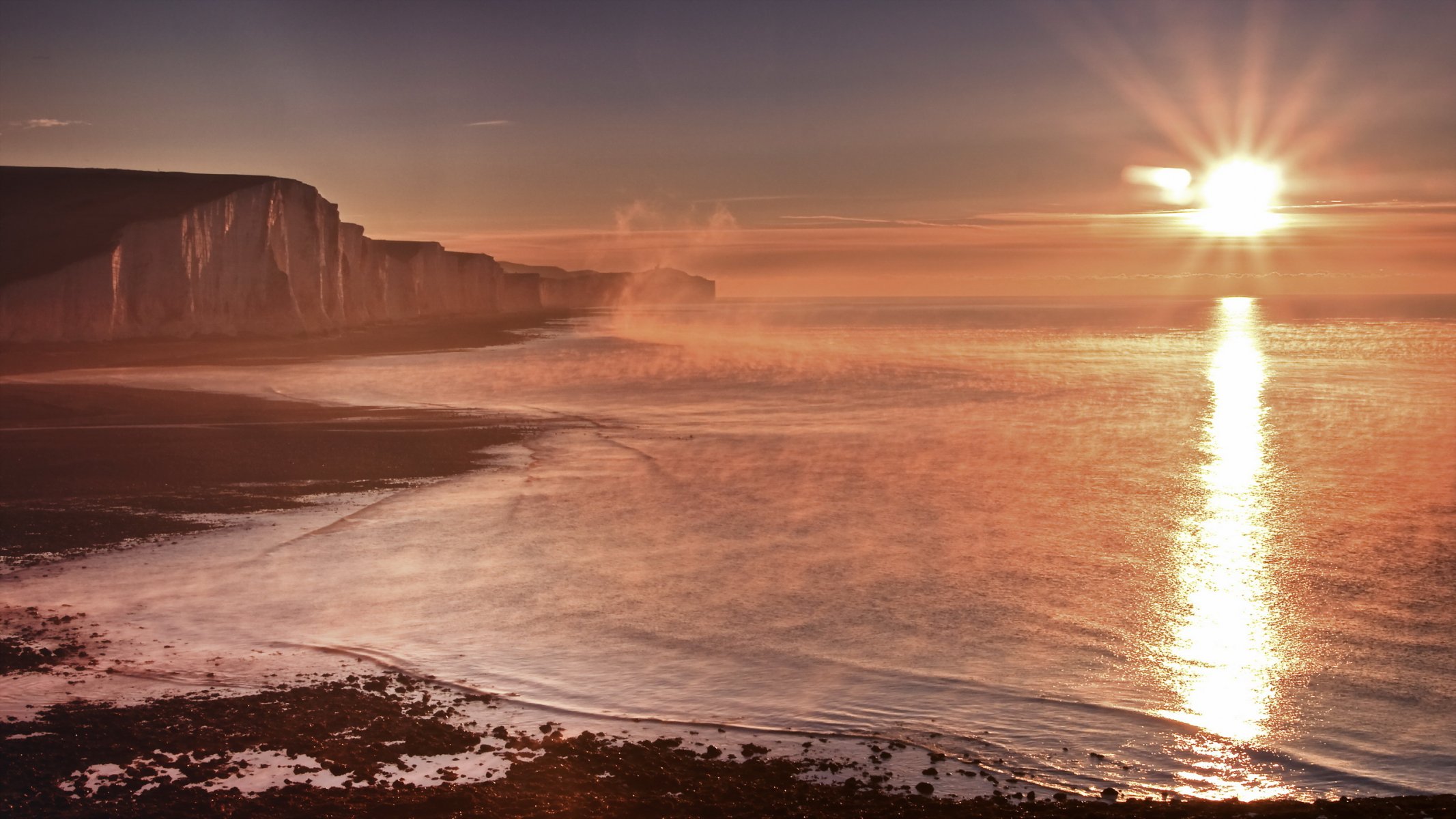 angleterre cuckmere haven coucher de soleil mer brouillard