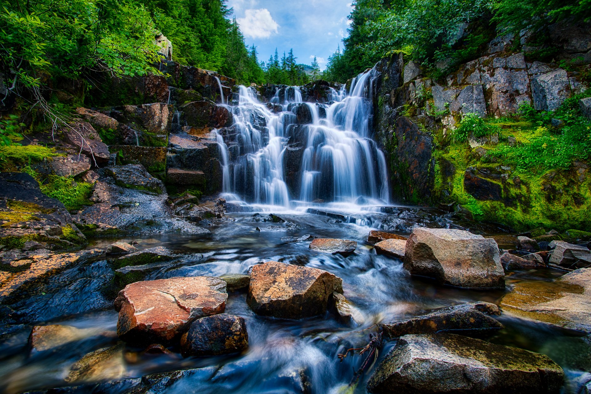 mount rainier washington united states waterfall river stones tree forest