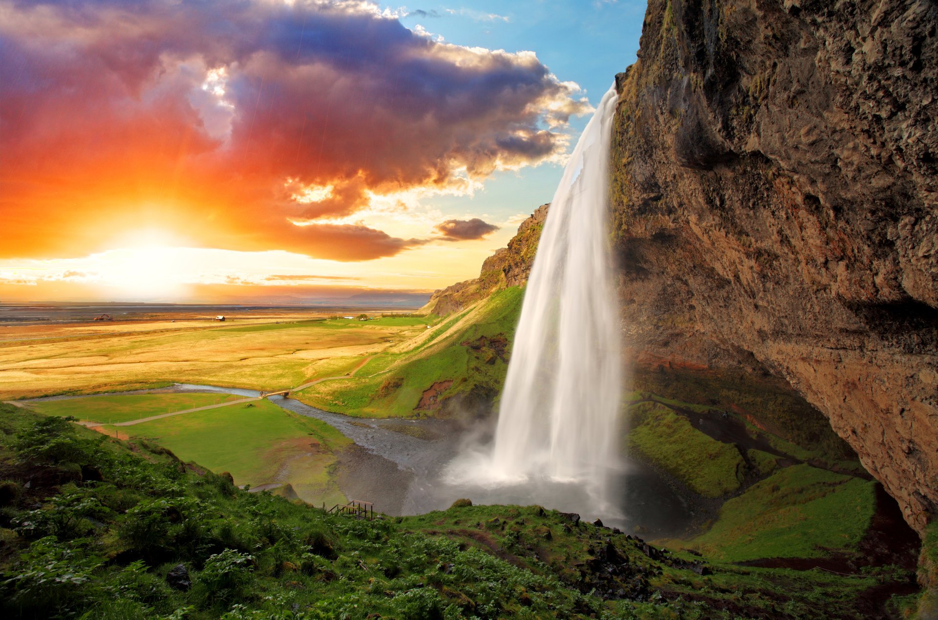 tal fluss wasserfall wolken sonne haus geländer hang