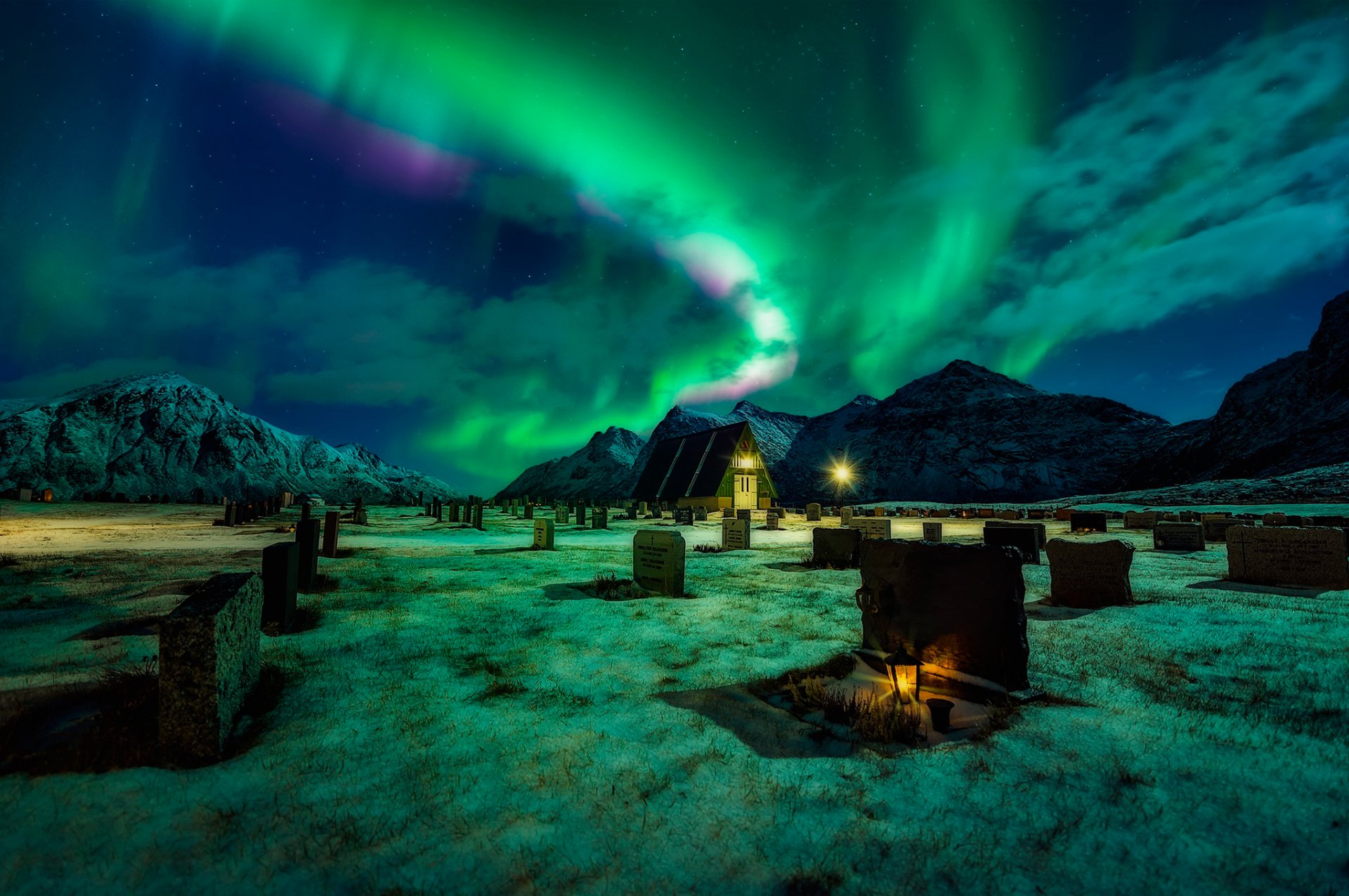 cemetery northern lights mountain night light