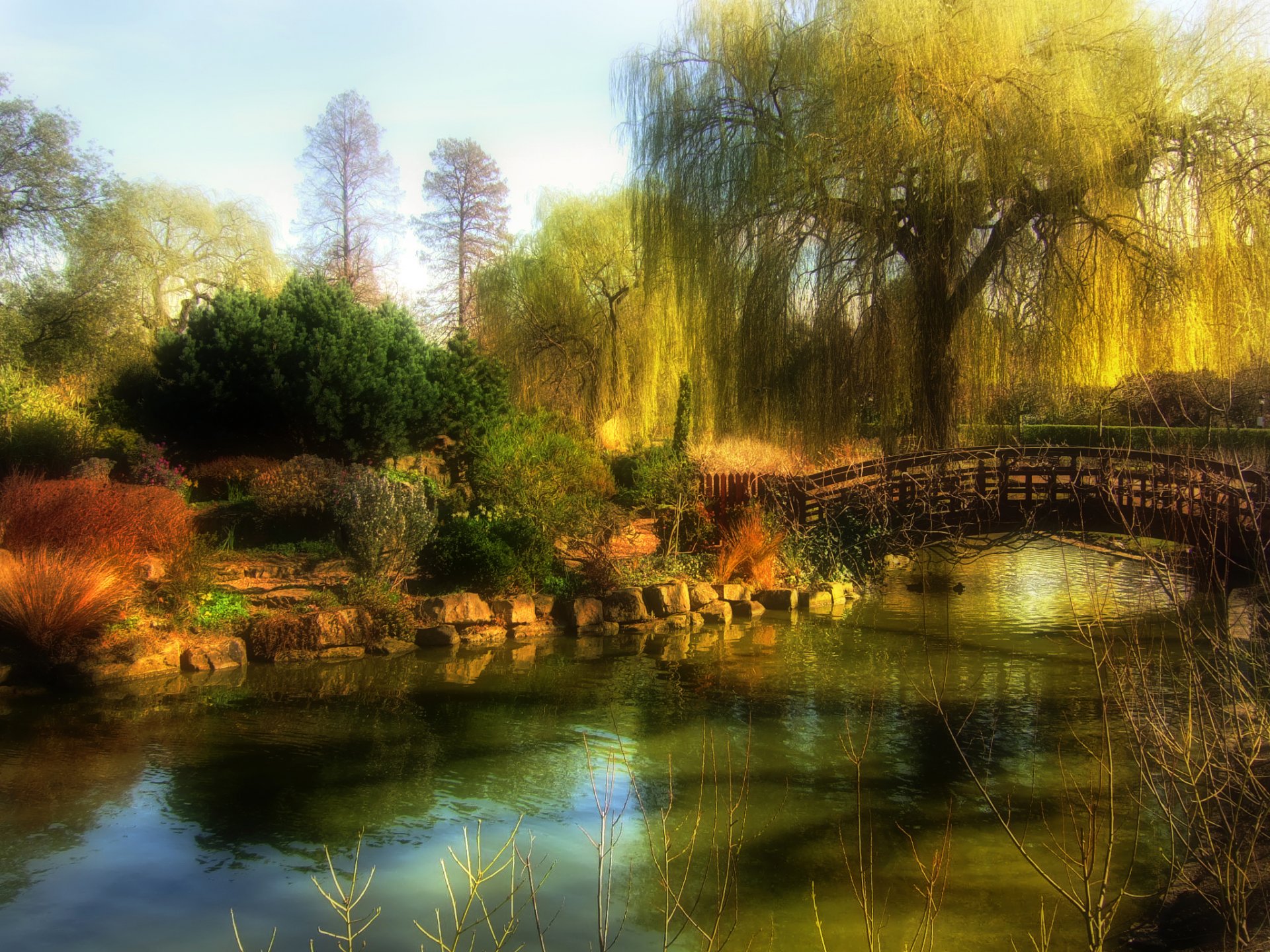 park supplies sky tree bridge pond bush autumn stones haze landscape