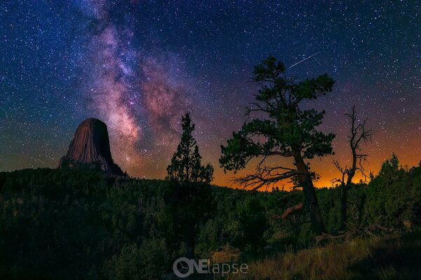 Volcano and coniferous forest against the background of the sparkling Milky Way and sunset