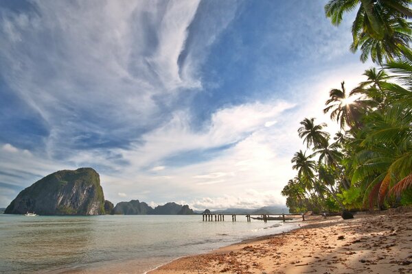 Paesaggio, palme sull oceano con vista sull isola nel mare e la riva con la sabbia. Tropical beach vista del cielo con le nuvole