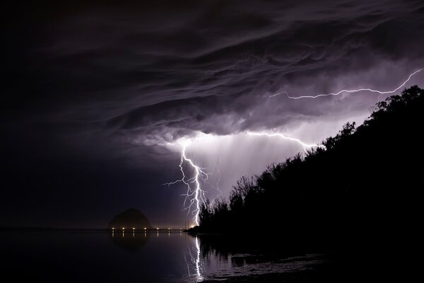 Grey sky and thunderstorm in the evening on the beach