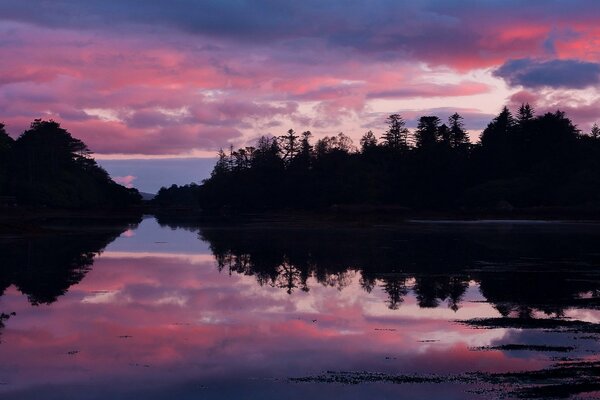 Picturesque sunset on the shore of an Irish forest lake