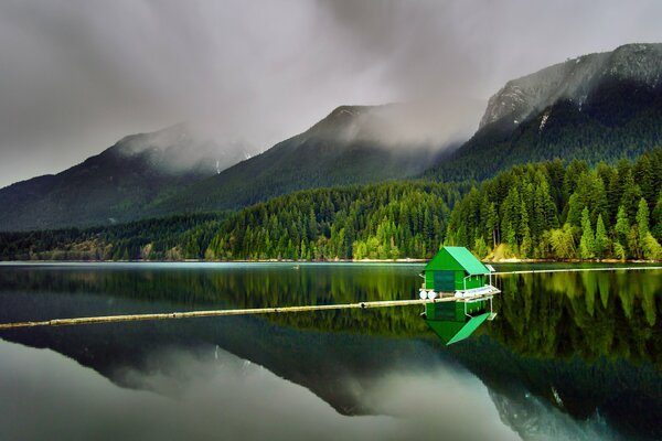 Landscapes of Lake Capilano in British Columbia against the background of mountains and forests