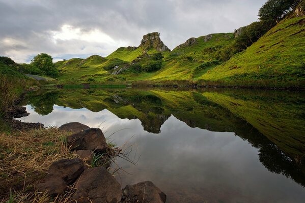 A calm lake among green hills