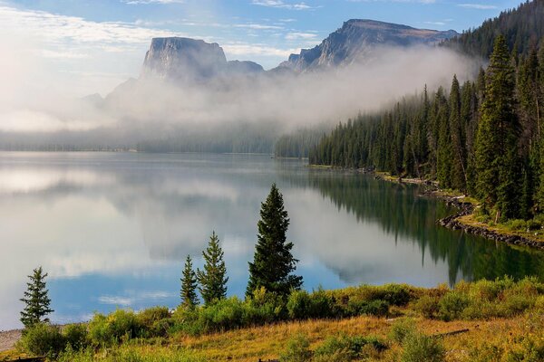 Possenti montagne e foresta di abeti intorno a un lago nebbioso trasparente