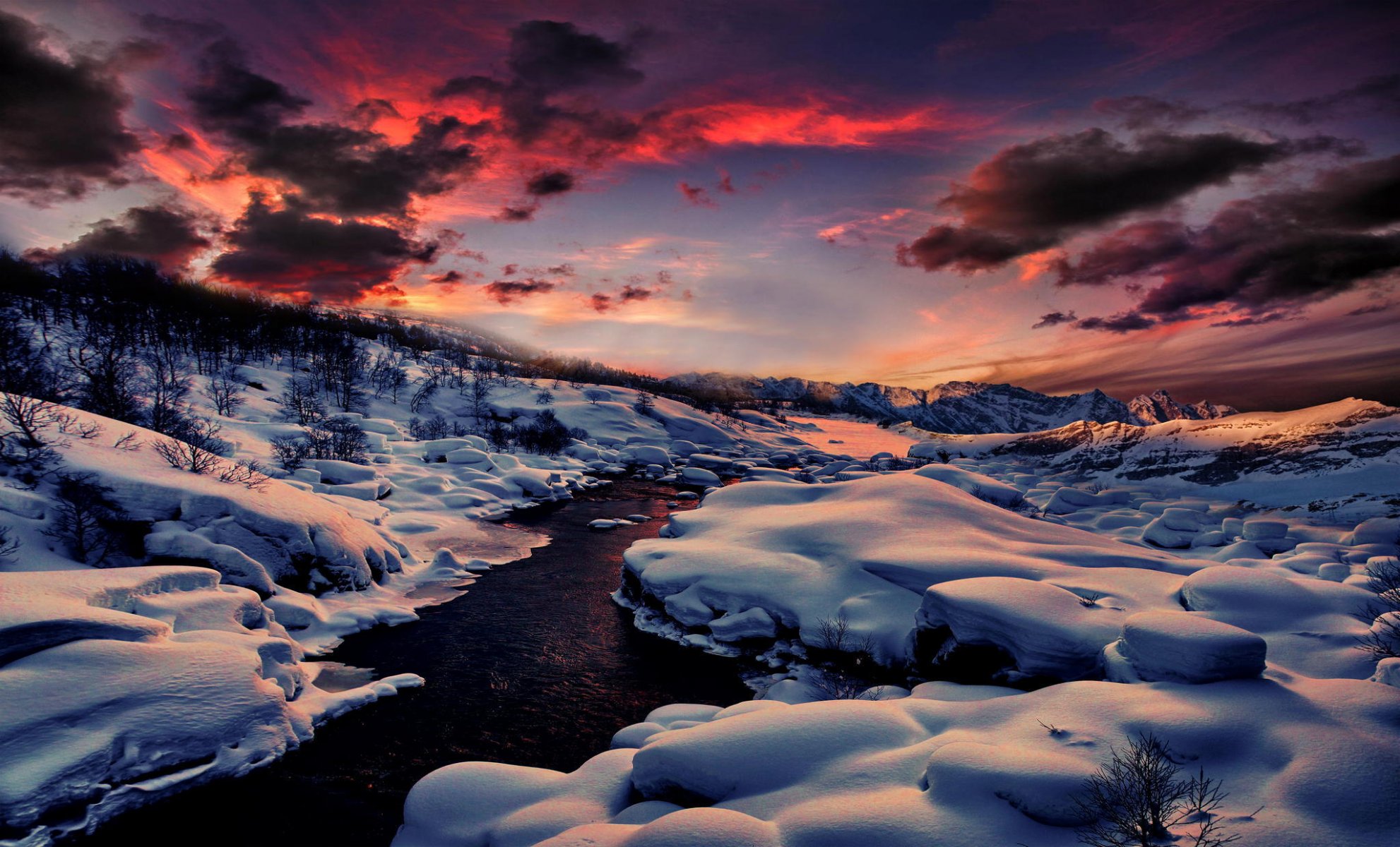 winter schnee fluss natur blütezeit berge wald