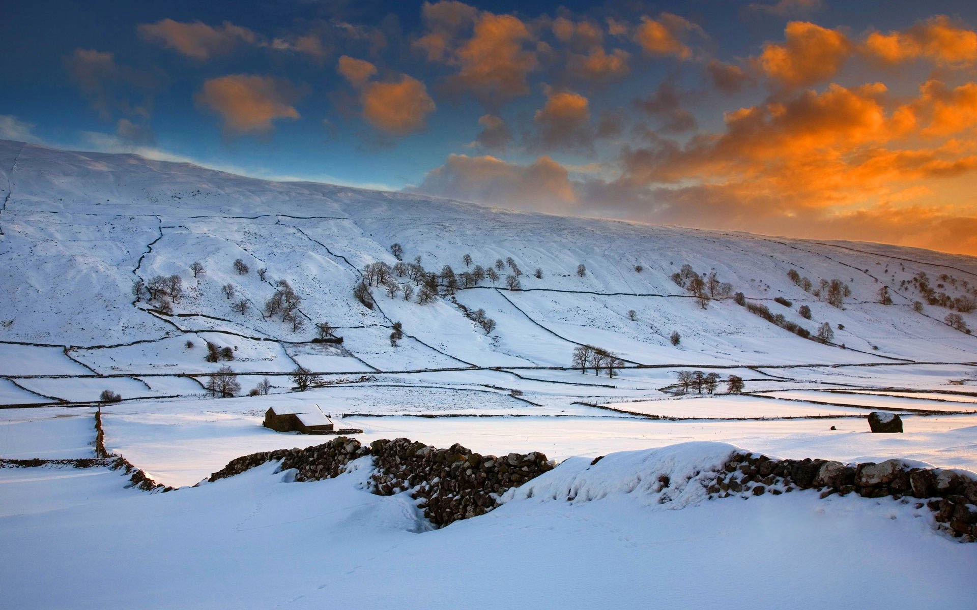 winter schnee hügel feld bäume himmel wolken sonnenuntergang glühen england