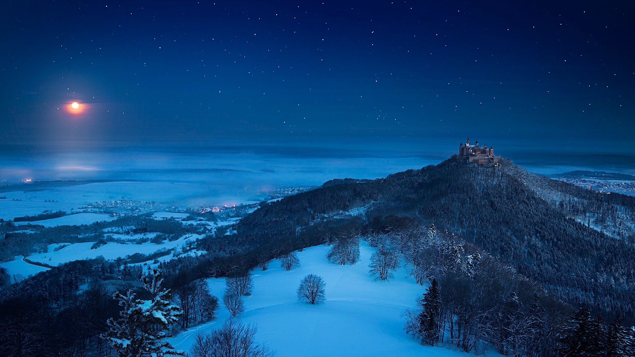 invierno cuento de hadas invierno noche luna castillo