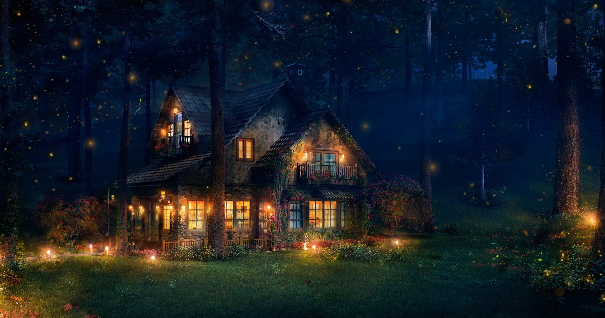firefly cottage forêt lucioles art maison