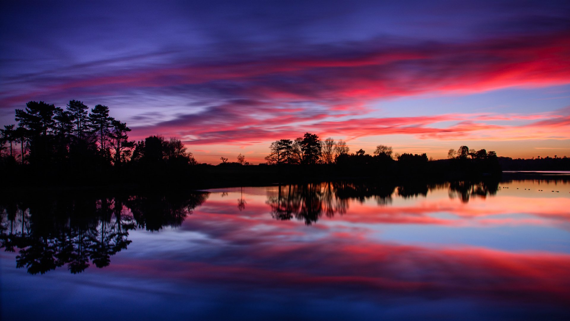 regno unito inghilterra serbatoio acqua superficie liscia riva foresta alberi sera tramonto cielo nuvole riflessione