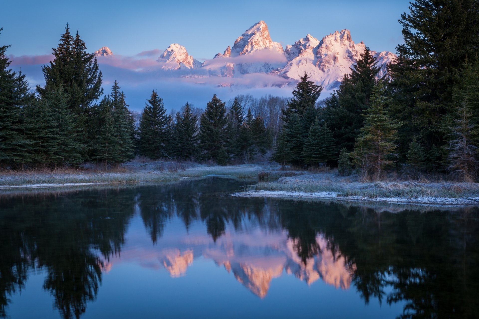 natur usa wyoming grand teton national park snake river schwabachers landung wald berge reflexionen frost morgen