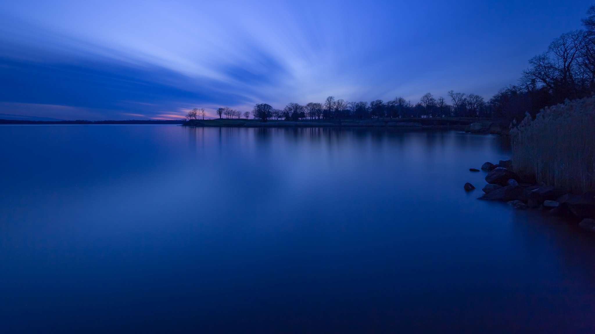 wald bäume ufer see abend dämmerung sonnenuntergang blau himmel