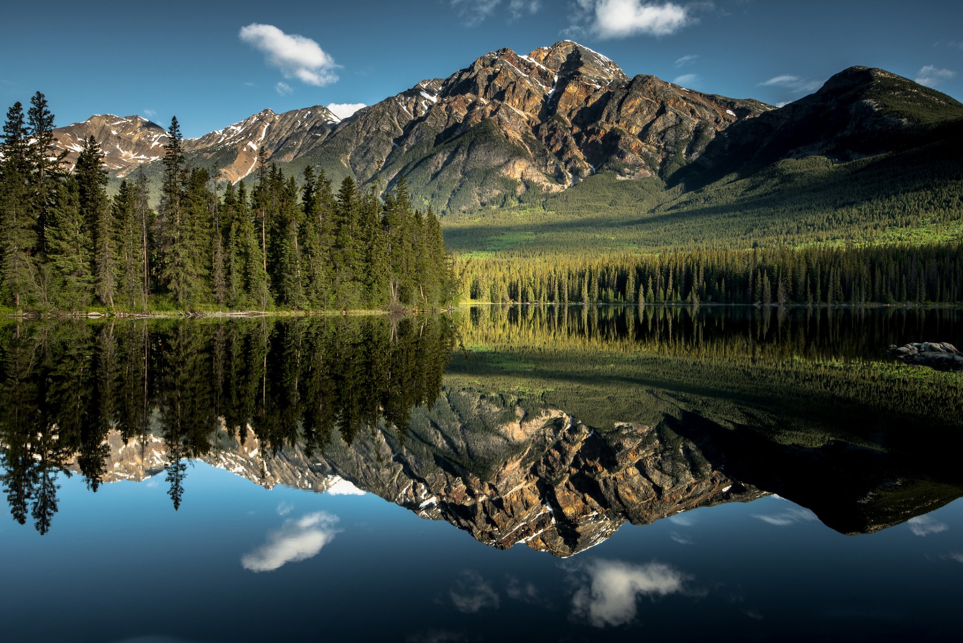 nature canada jasper national park alberta mountain lake forest sky clouds reflection water mirror