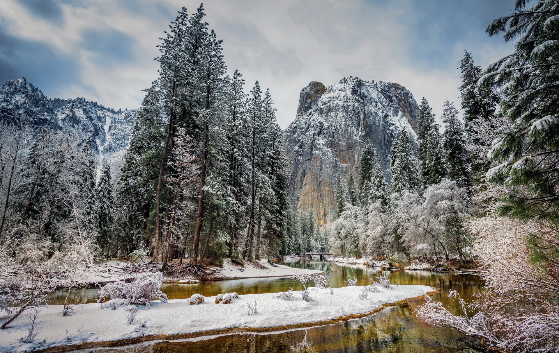 usa yosemite national park kalifornien berge wald schnee winter fluss