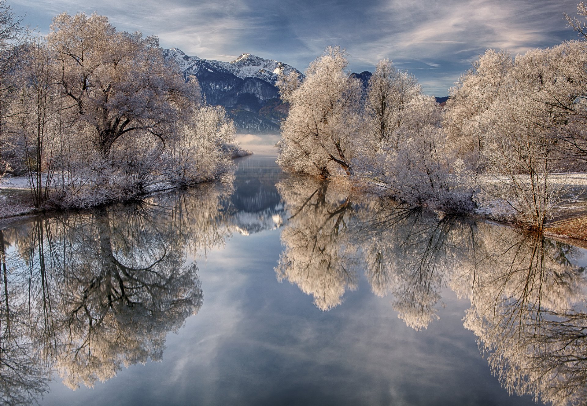 ky clouds mountain lake tree winter frost