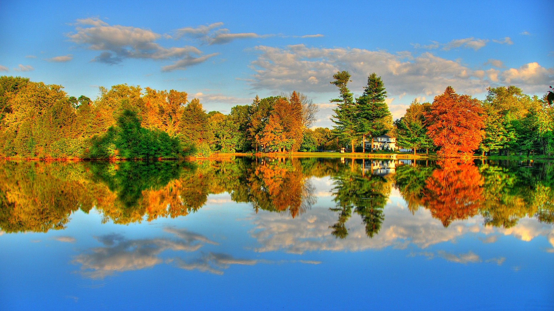 ky river autumn lake house forest tree purple foliage clouds silence mood