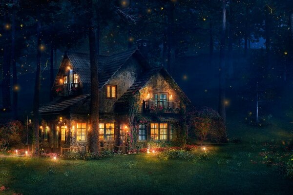 Sztuka z domkiem w lesie i świetlikami