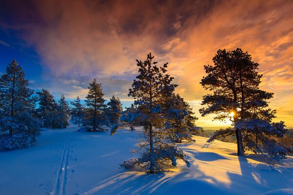 Свет уходящего солнца после морозного дня в Норвегии