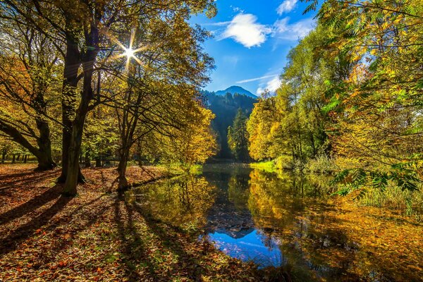 Sol de otoño sobre el río azul