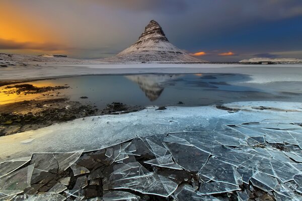 A mountain in Iceland at sunset