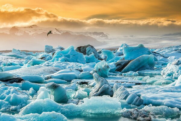 Glacier lagoon in Iceland during sunset