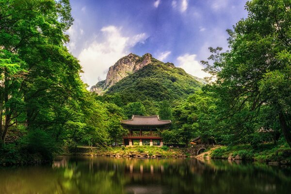 Casa al pie de las montañas a orillas del lago