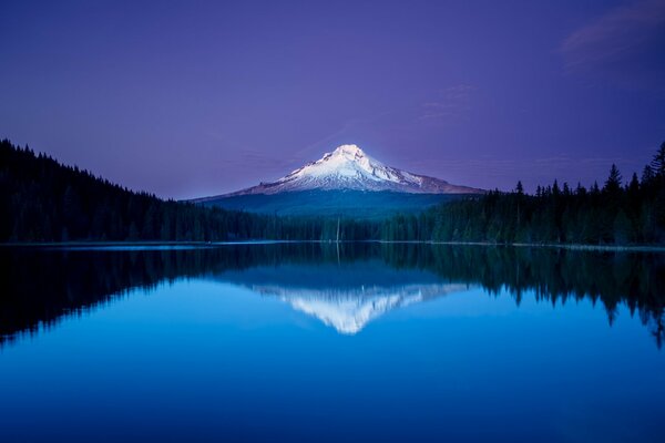 Snowy mountain with water and forest