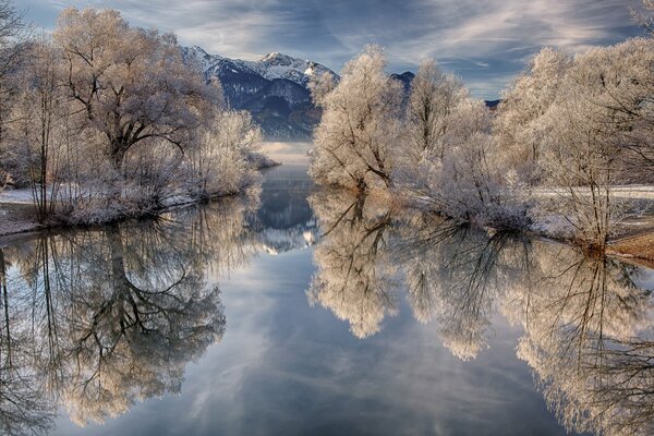 Spiegelglatter Wintersee im Frost