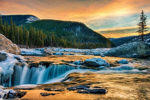 Waterfall at sunset