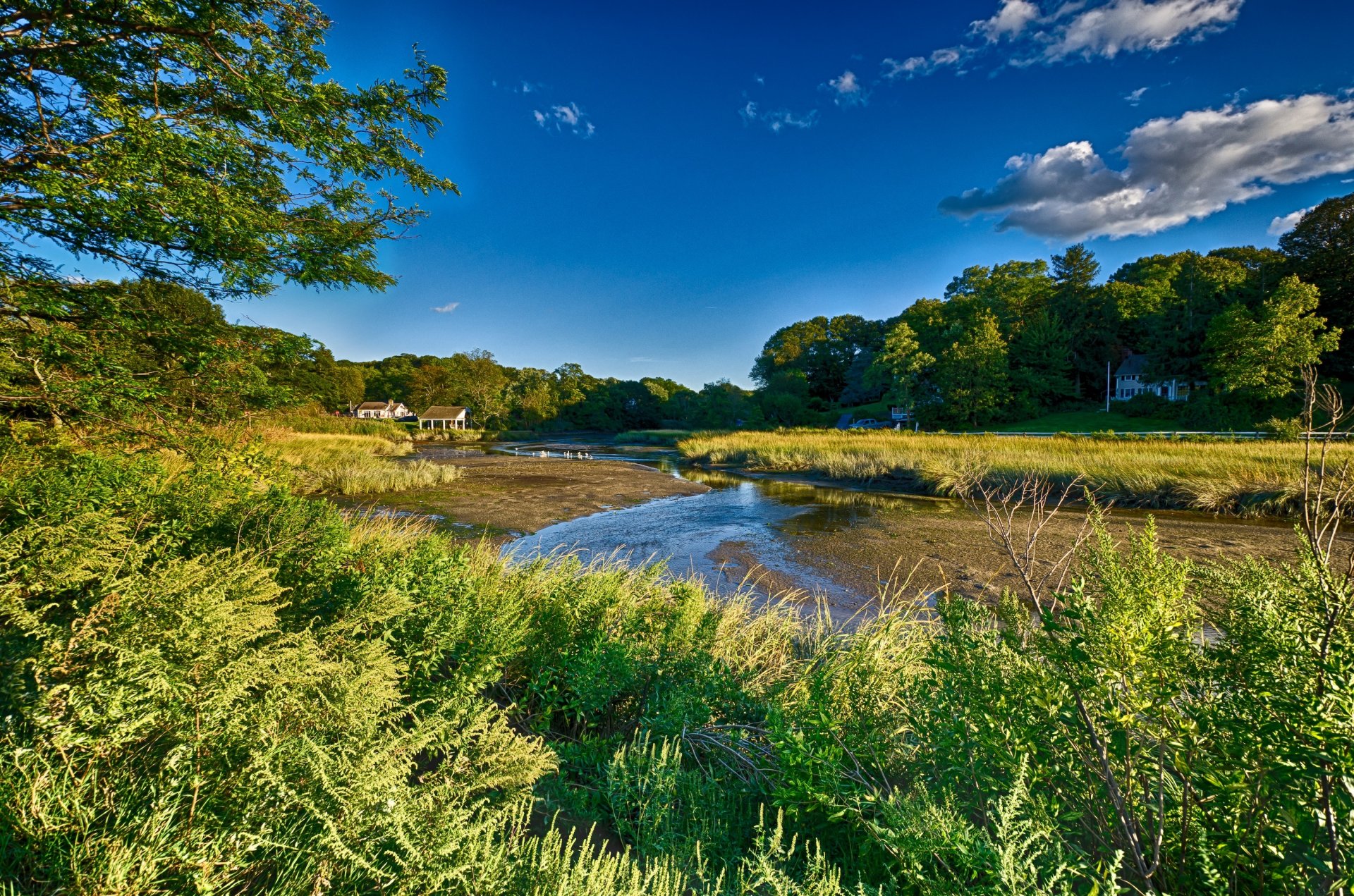 long island new york landschaft himmel wolken bäume fluss gras haus