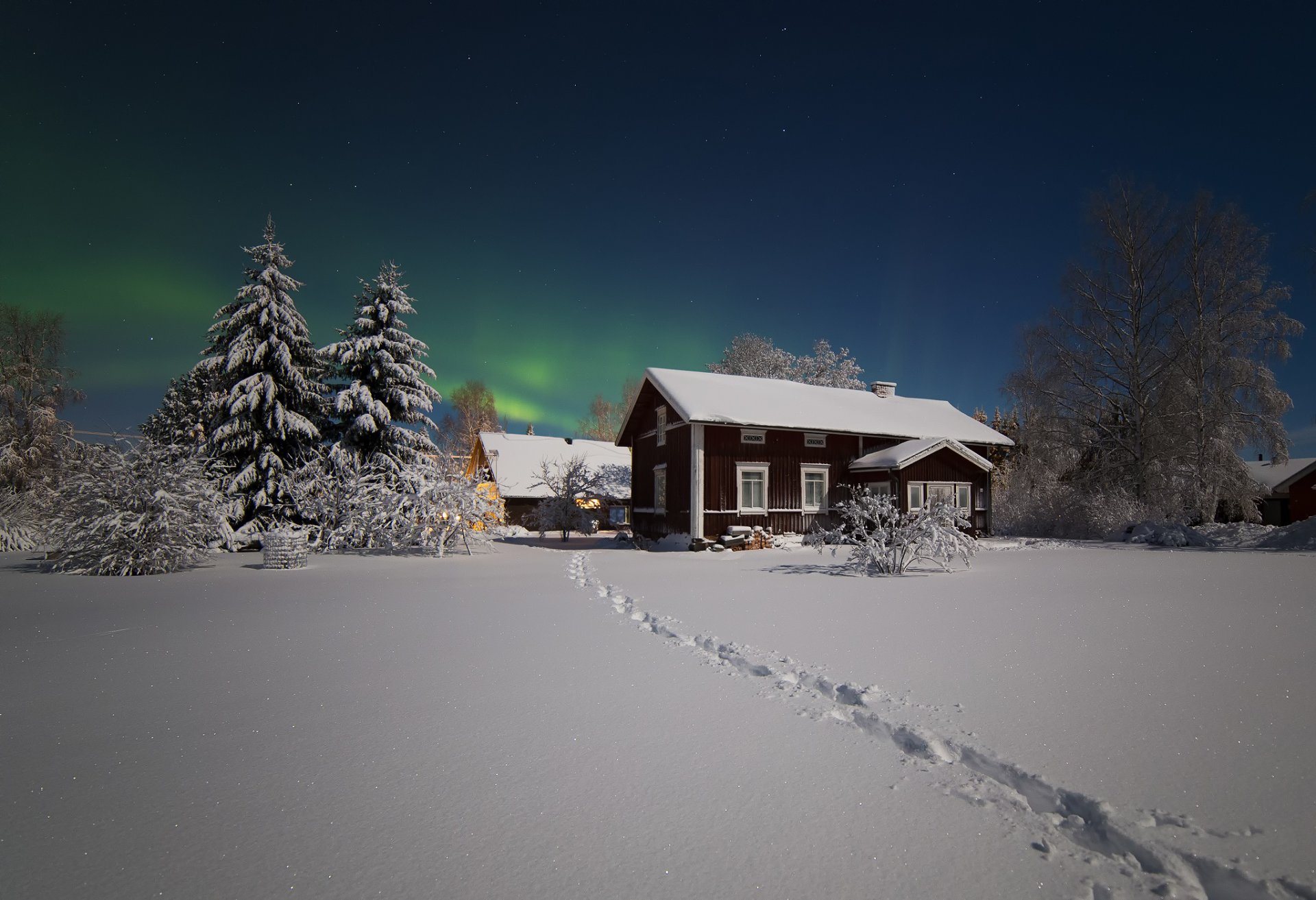 winter snow night star northern lights house