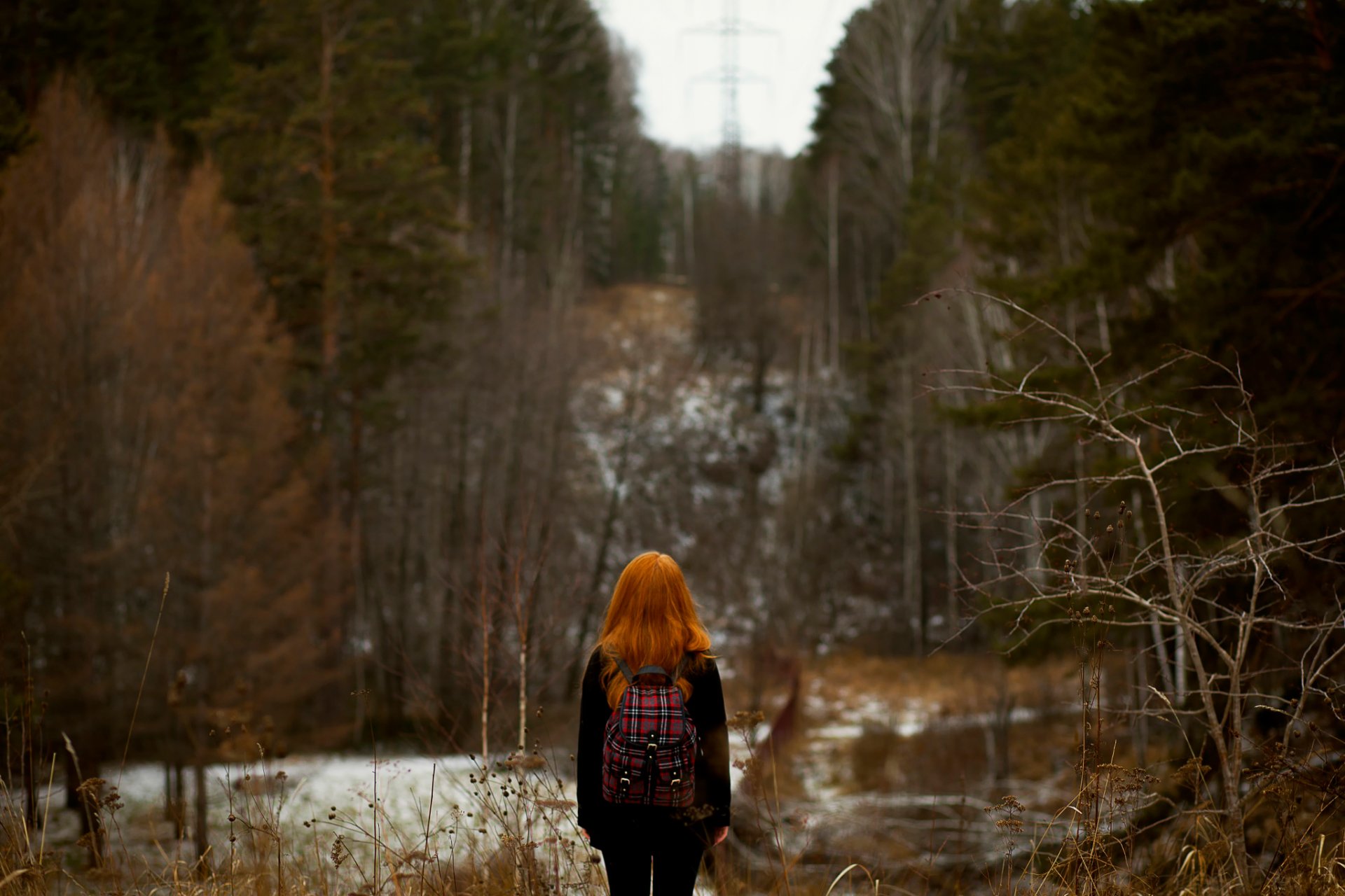 bosque otoño.nieve bokeh chica pelirroja