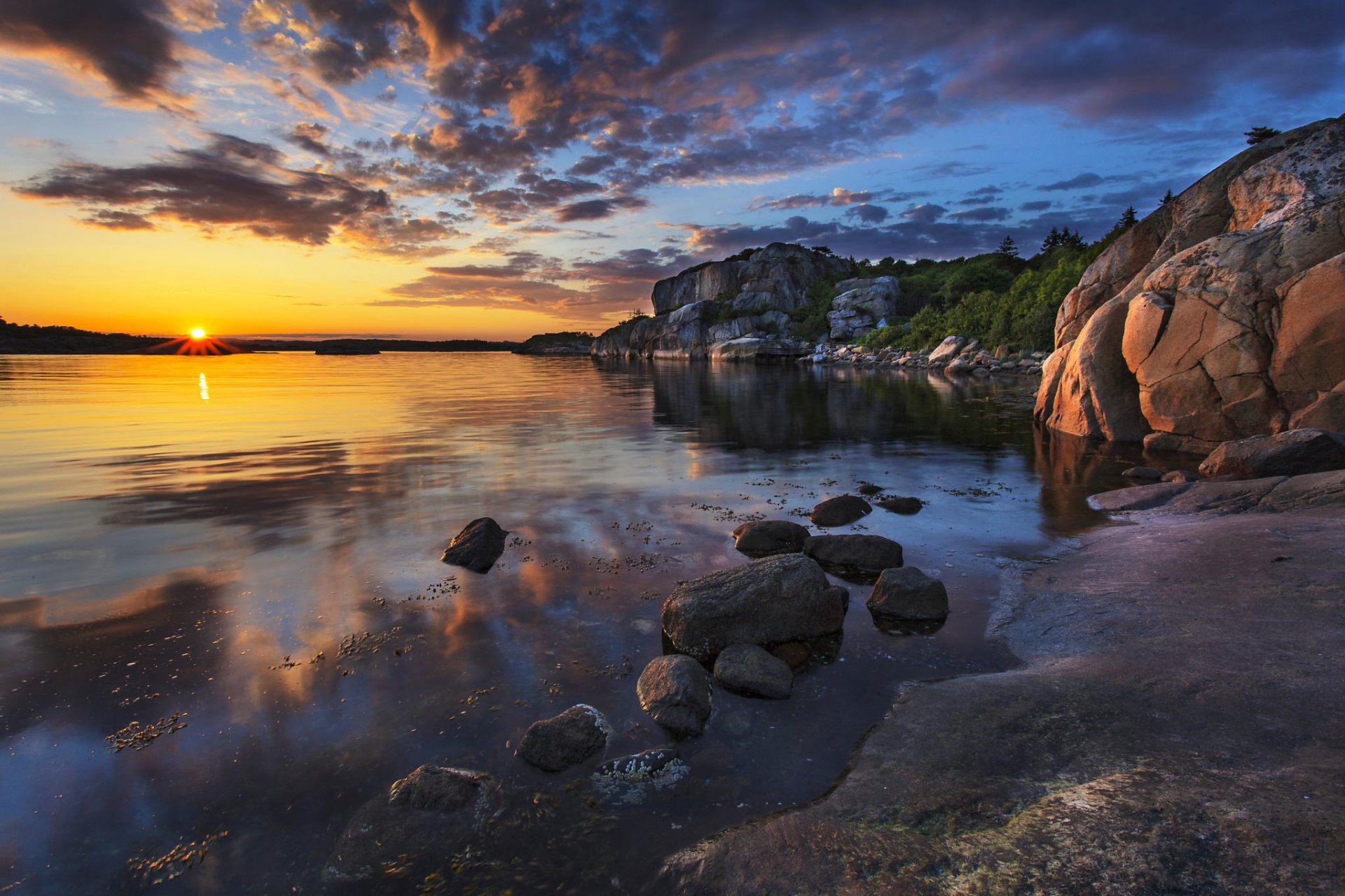 coast sea stones rock dawn