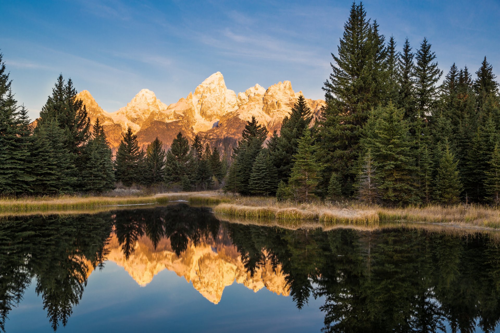 états-unis wyoming parc national grand teton montagnes rivière forêt matin ciel nuages réflexion