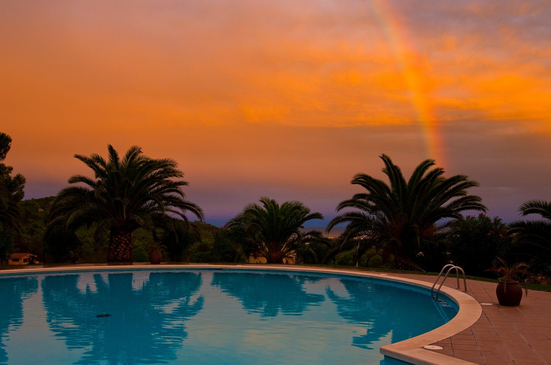 palmen sonnenuntergang regenbogen pool