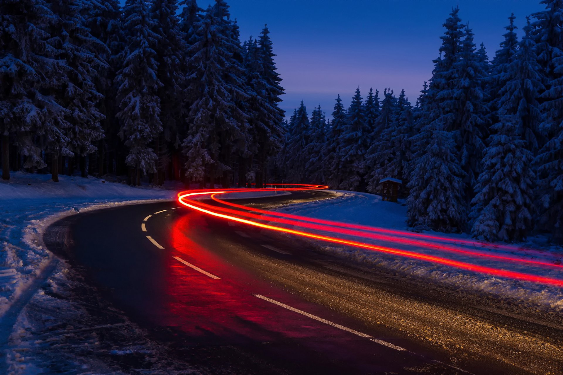 winter road snow light lights extract forest night