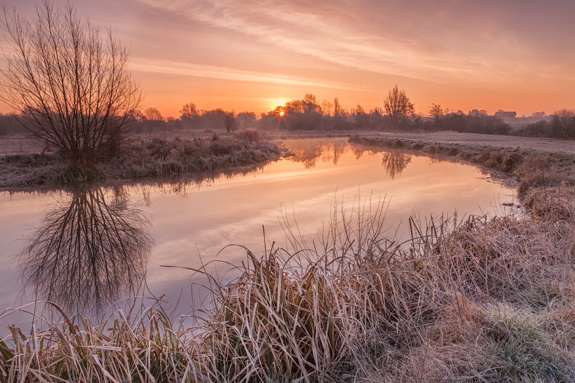 dämmerung fluss frost gras bäume sonne reflexion