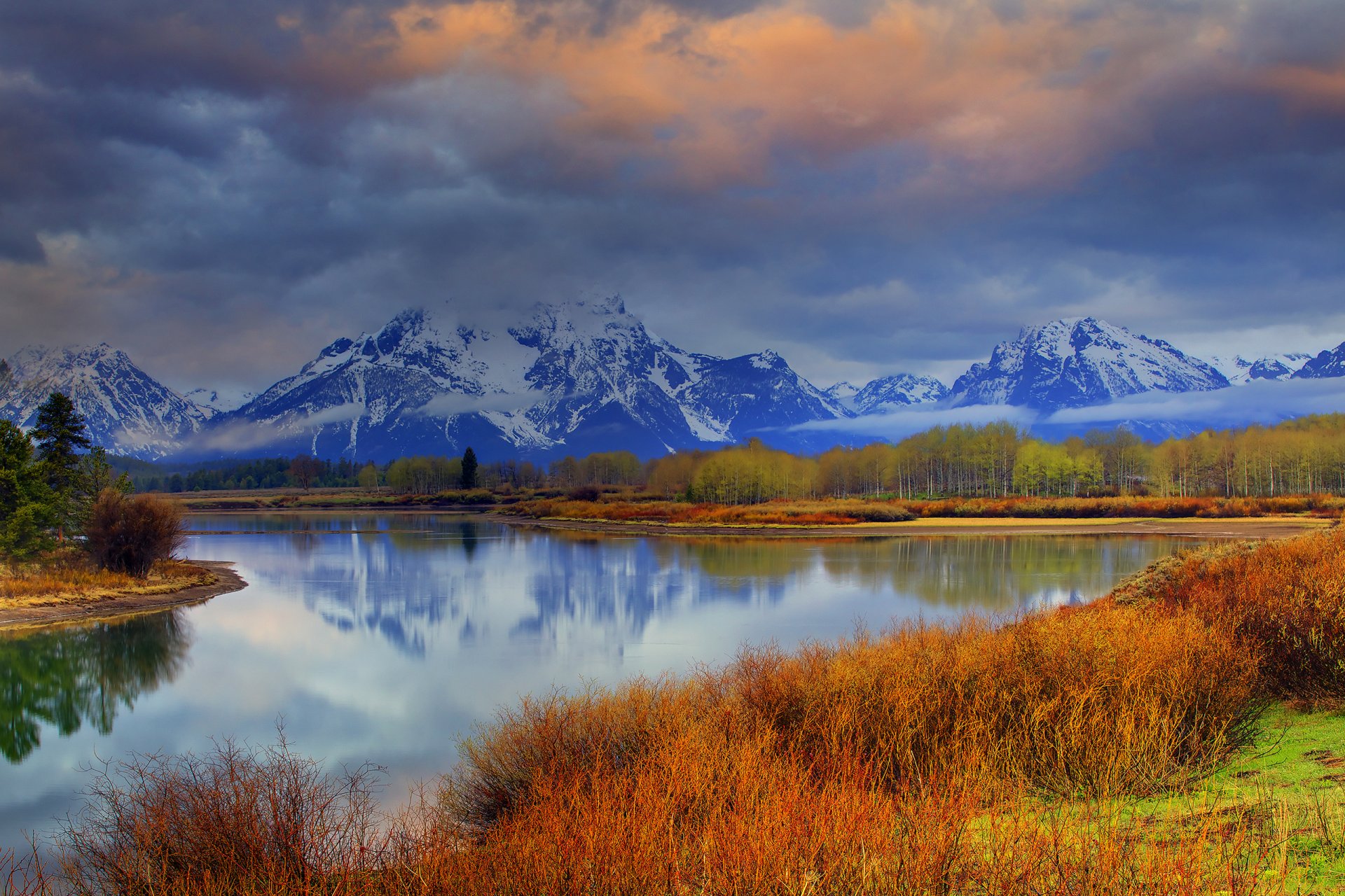 wyoming usa himmel wolken berge wald fluss natur see bäume schnee