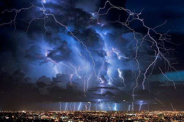 Beautiful lightning at night over the city