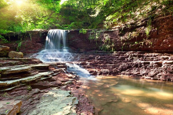 Cascade de pierre dans la forêt au soleil